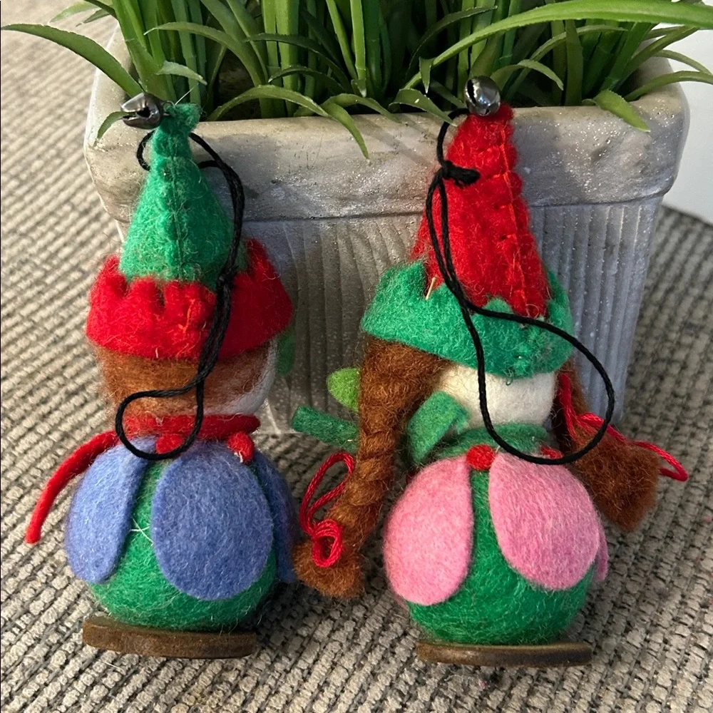 Pier 1 Felt Elf Ornament set boy girl Christmas tree ornaments